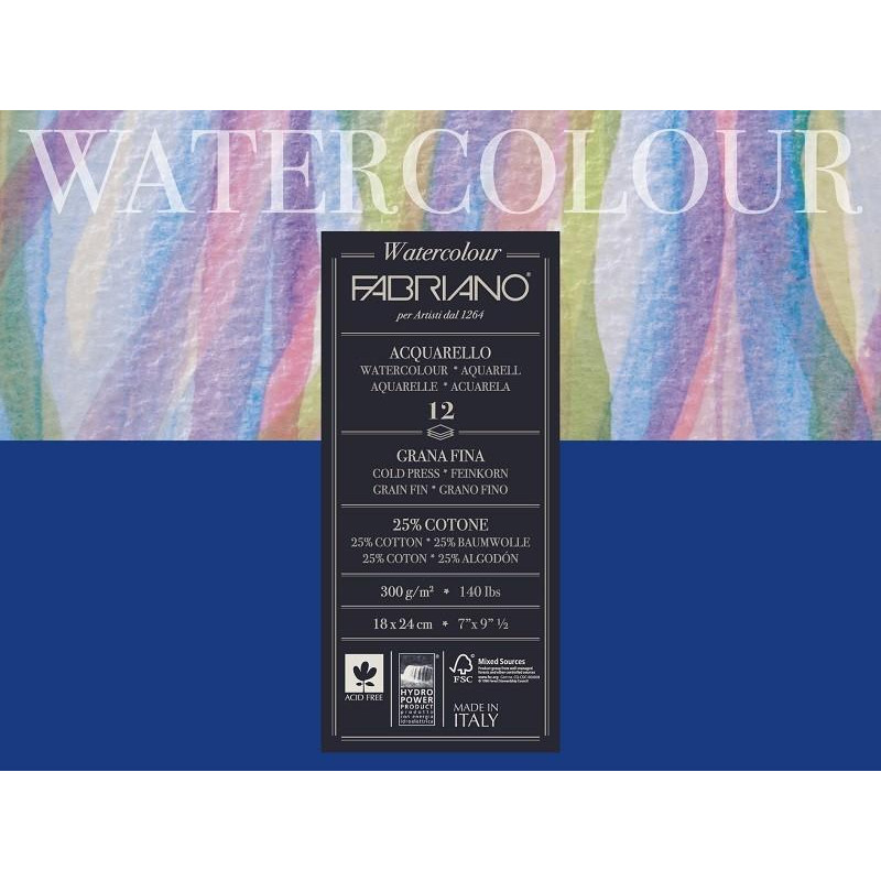 Bloc collé 1 côté Fabriano Watercolour 18x24 300g 12 f grain fin 