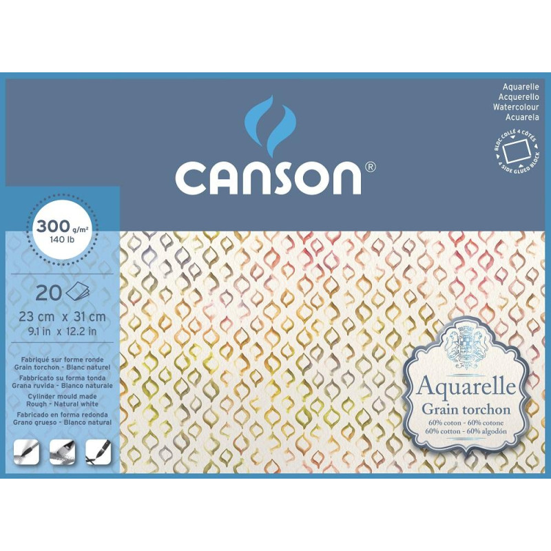 Bloc collé 4 côtés Aquarelle Canson®  23x31 300g 20f grain torchon