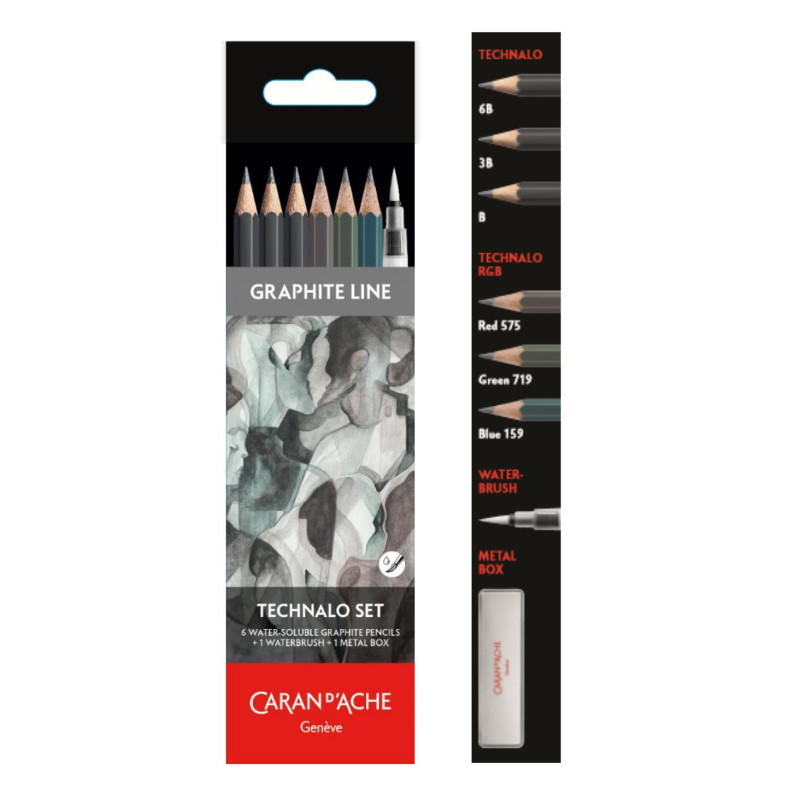 Set 6 crayons graphite et pinceau à reserve d'eau Caran d'ache Boîte métal