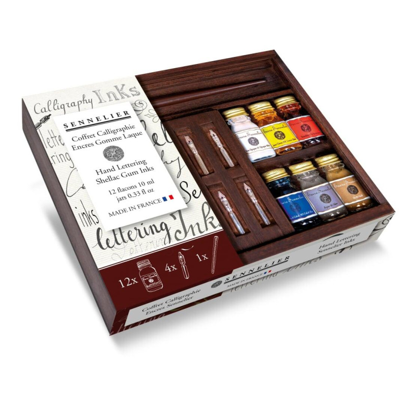 Coffret calligraphie encres Sennelier 12x10ml + accessoires