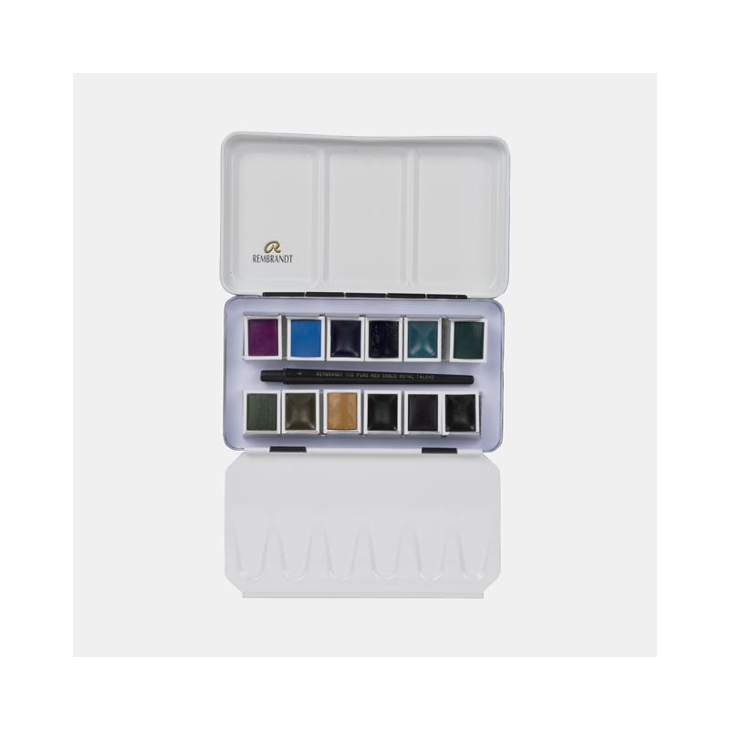 Coffret 12 ½ godets aquarelle extra-fine granuleuses Rembrandt et pinceau martre