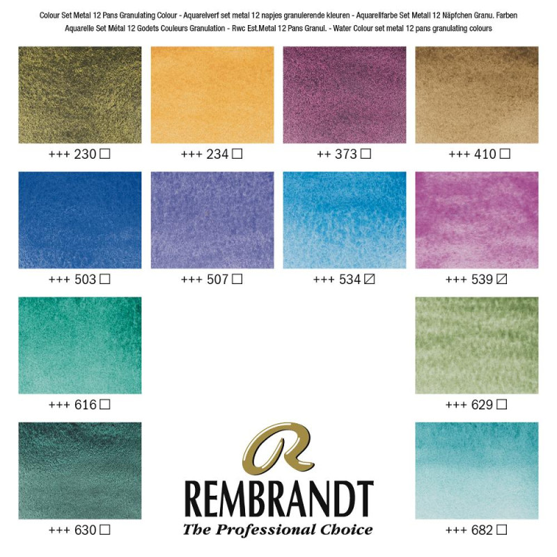 Coffret 12 ½ godets aquarelle extra-fine granuleuses Rembrandt et pinceau martre