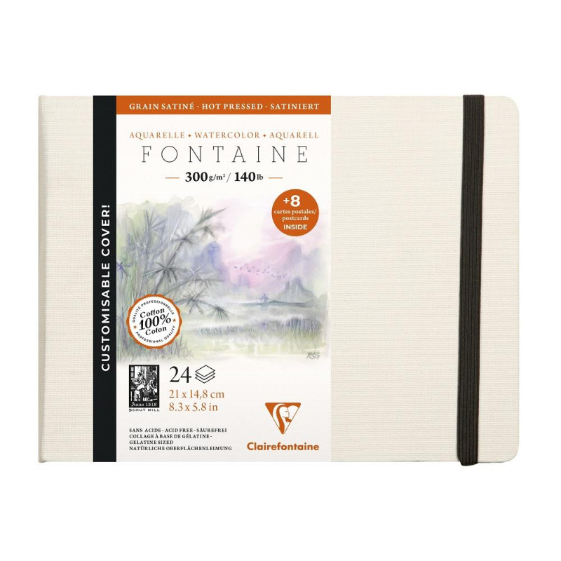 Carnets cousu 21x14,8cm Fontaine entoilé blanc 300g satiné 24F + 8  cartes postales préimprimés