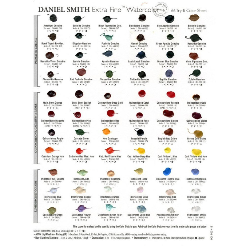 Carte échantillon couleurs réelles 66 couleurs Daniel Smith fait à la main
