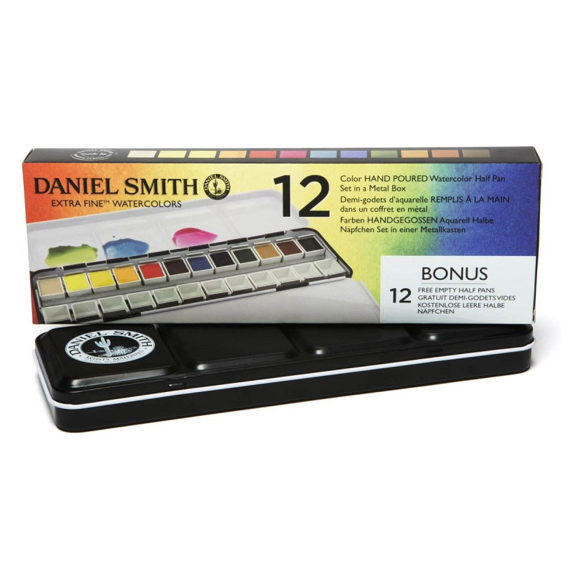Coffret métal de 12 ½ godets d'aquarelle extra-fine Daniel Smith + 12 espaces libres