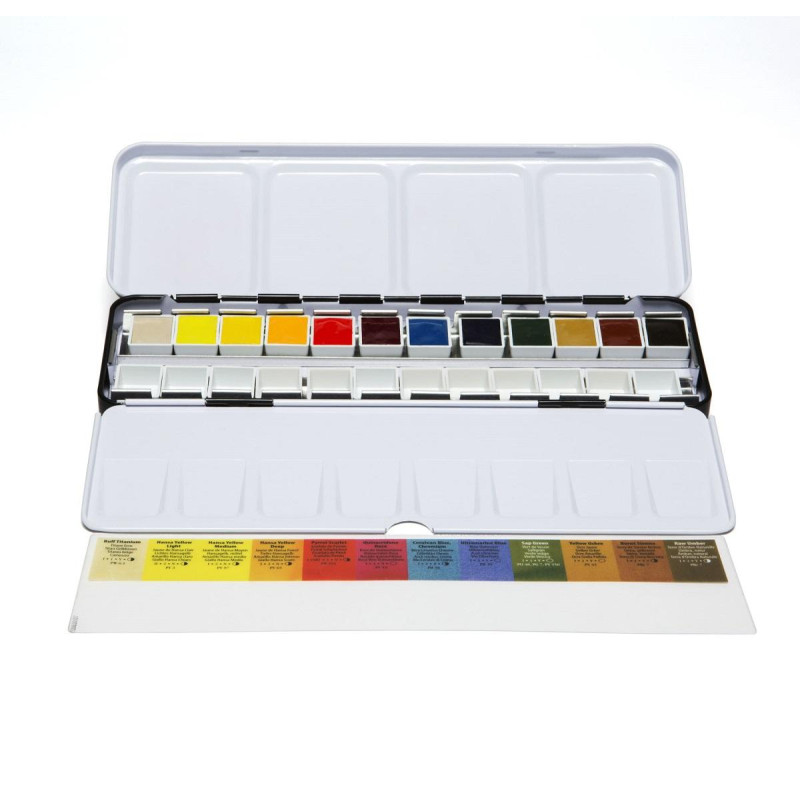 Coffret métal de 12 ½ godets d'aquarelle extra-fine Daniel Smith + 12 espaces libres