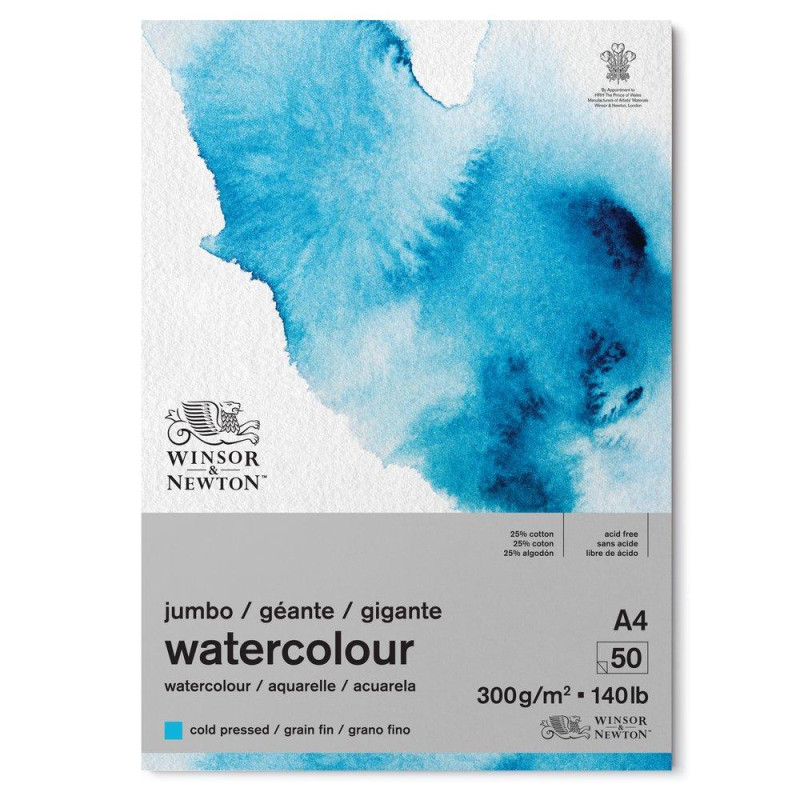 Bloc Jumbo collé 1 côté 25% coton Watercolour Winsor & Newton A4 300g 50f grain fin