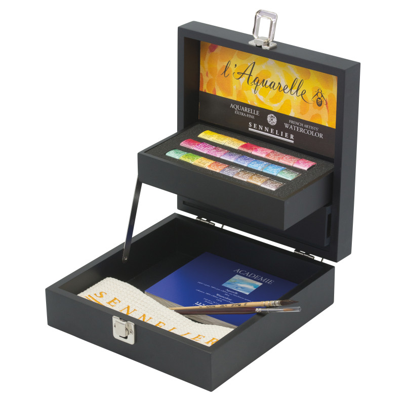 Coffret bois Sennelier 24 1/2 Godets aquarelle extra fine avec 2 pinceaux, 1 bloc et un chiffon