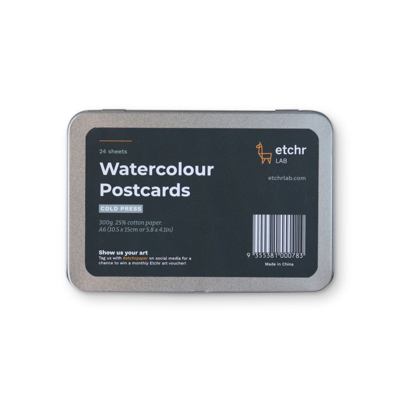 Boîte métal de 24 cartes postales pour aquarelle 300g 25% coton grain fin Etchr