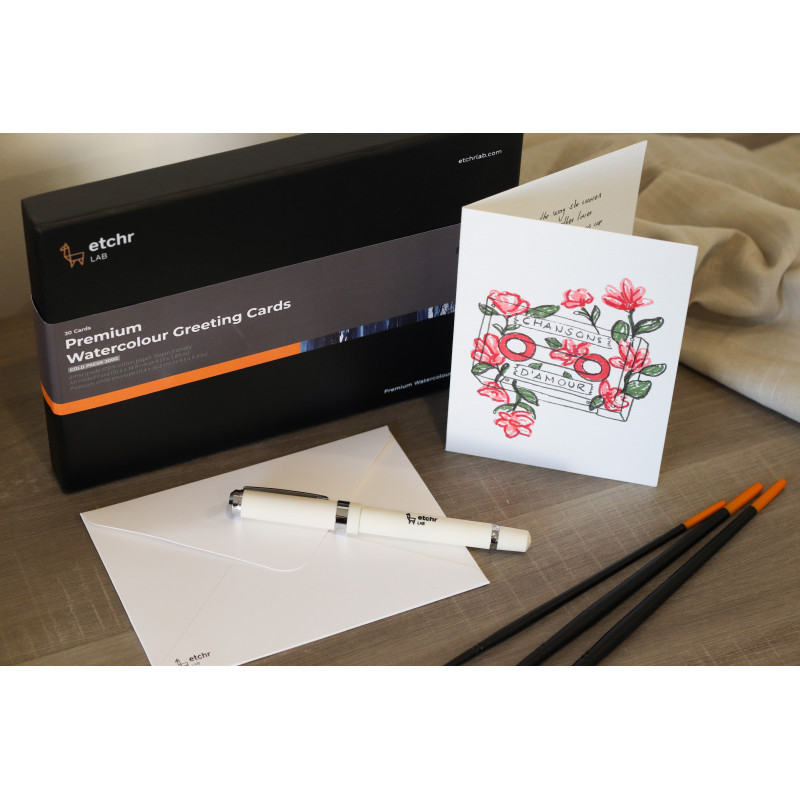 Pack de 30 cartes + enveloppes pour aquarelle 300g 100% coton grain fin Etchr