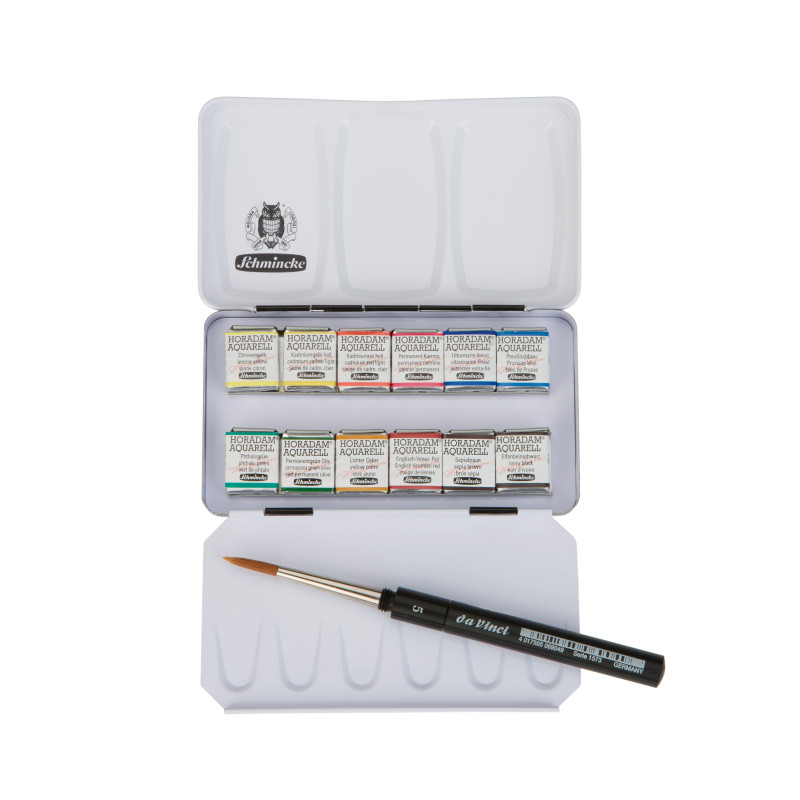 Boîte métal Schmincke Horadam Aquarell 12 1/2 godets + 1 pinceau Da Vinci n°5