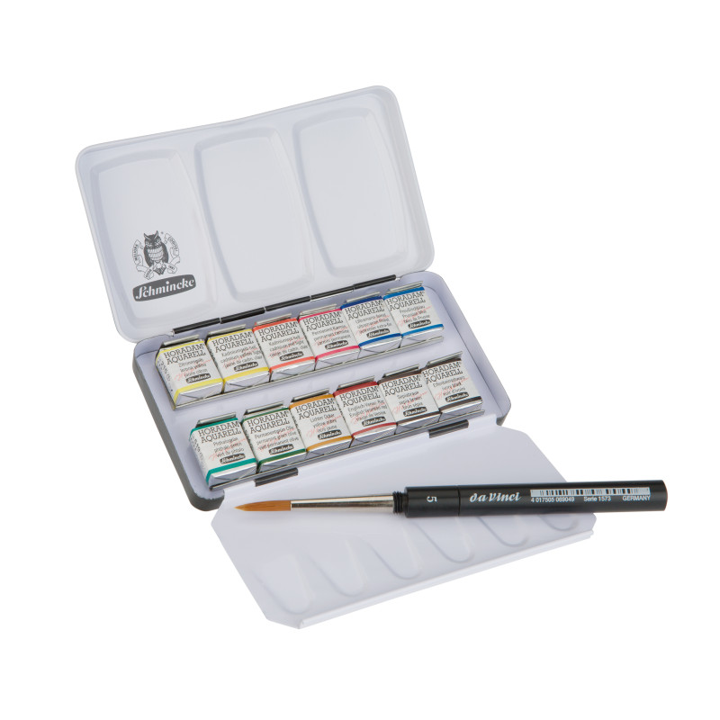 Boîte métal Schmincke Horadam Aquarell 12 1/2 godets + 1 pinceau Da Vinci n°5