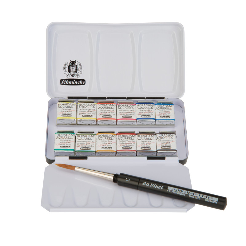 Boîte métal Schmincke Horadam Aquarell 12 1/2 godets + 1 pinceau Da Vinci n°5