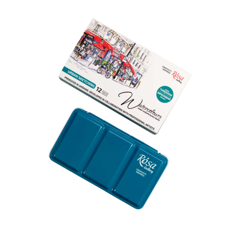 Boîte métal urban sketching 12 godets d'aquarelle extra-fine Rosa Gallery