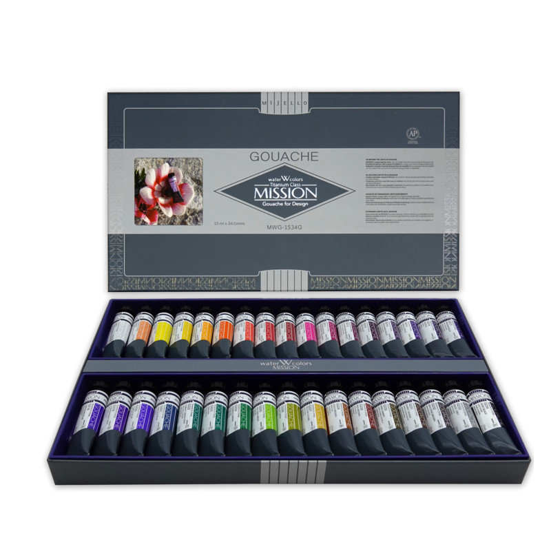 Coffret 34 Tubes 15ml gouache extra-fines en carton Mijello
