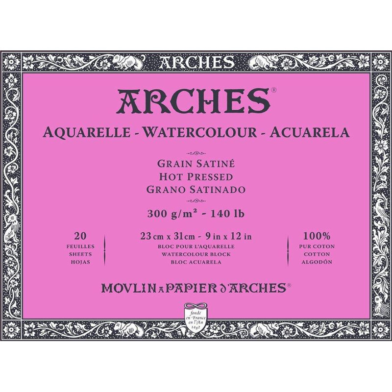 Bloc collé 4 côtés Arches 23x31 300g 20 f grain satiné