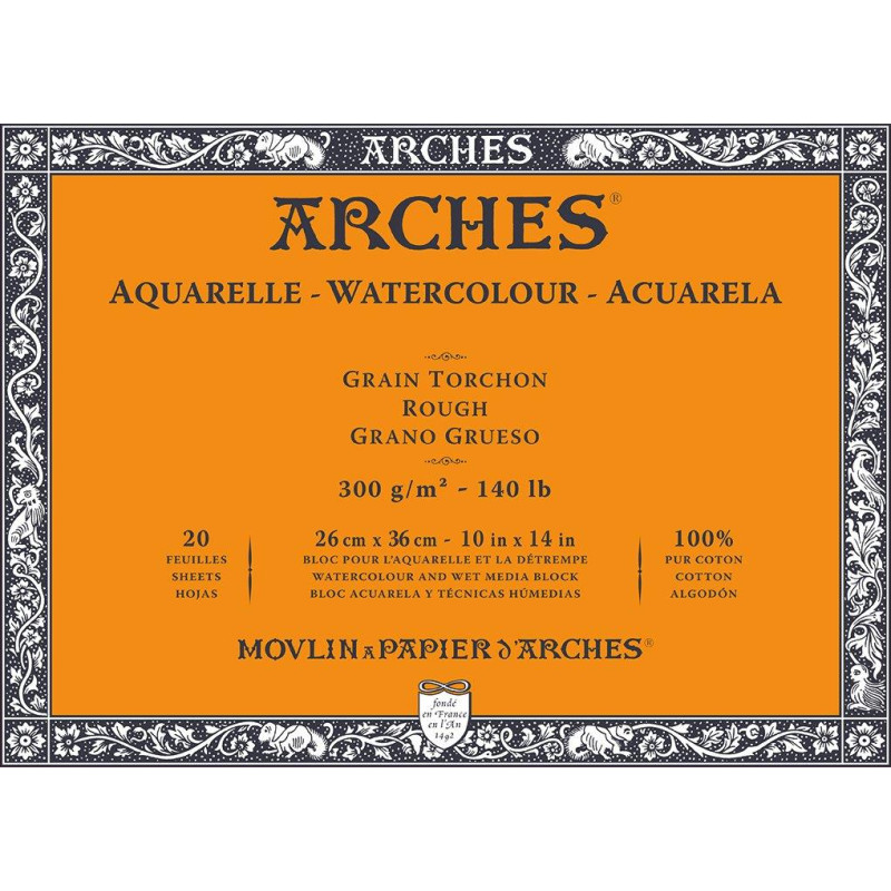 Bloc collé 4 côtés Arches 26x36 300g 20 f grain torchon