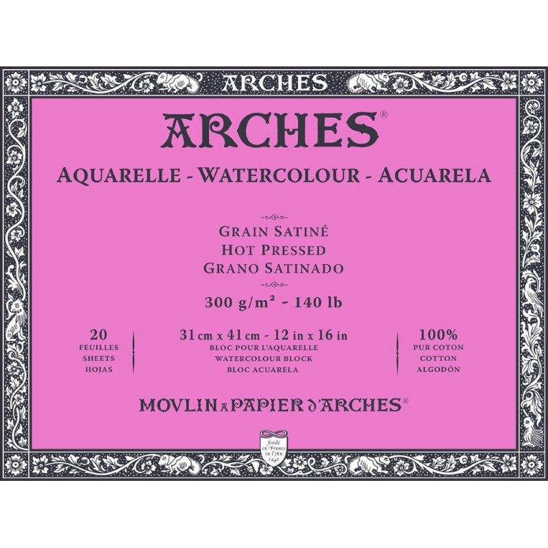 Bloc collé 4 côtés Arches 31x41 300g 20 f grain satiné