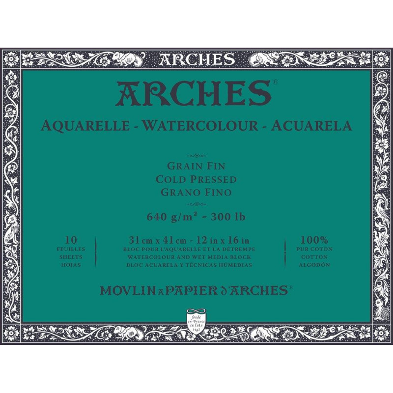 Bloc collé 4 côtés Arches 31x41 640g 10 f grain fin