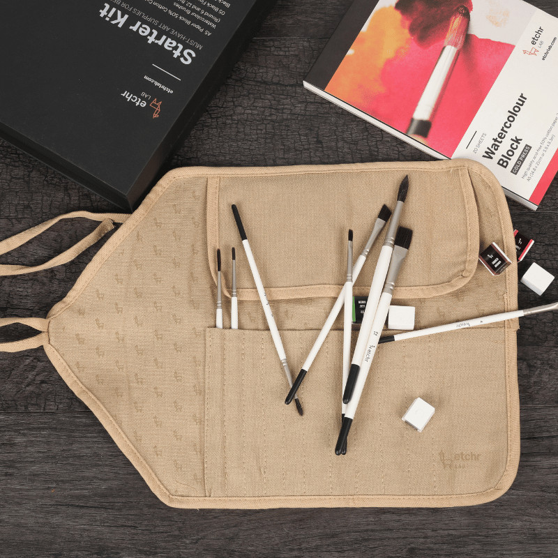 Trousse tissu brun emplacement 10 pinceaux Etchr