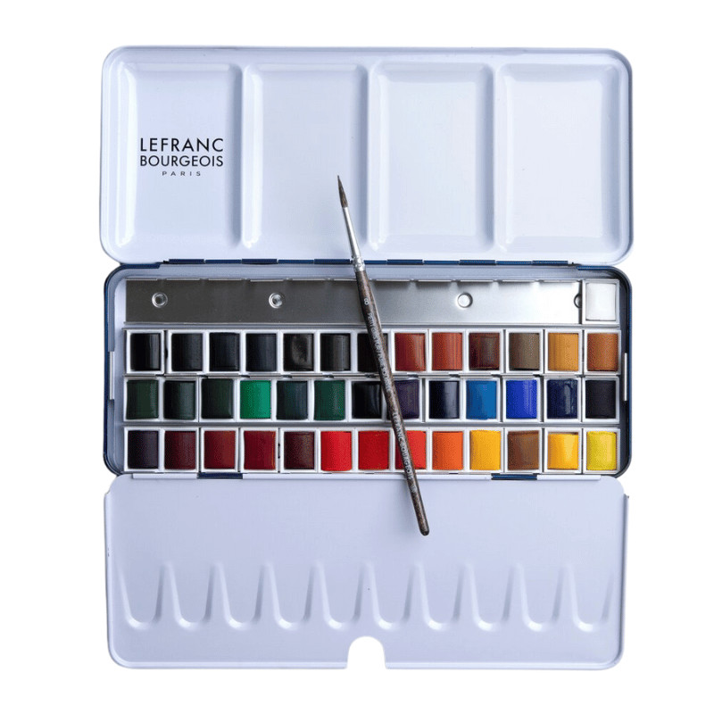 Boîte métal de 40 ½ godet d'aquarelle fine avec un pinceau petit-gris Lefranc Bourgeois