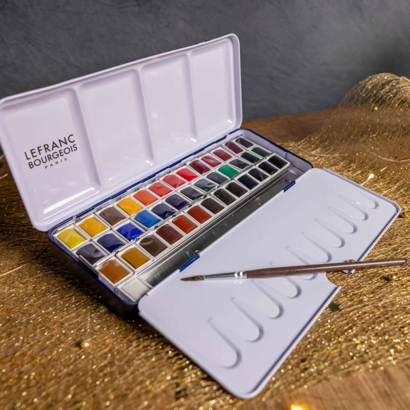 Boîte métal de 40 ½ godet d'aquarelle fine avec un pinceau petit-gris Lefranc Bourgeois