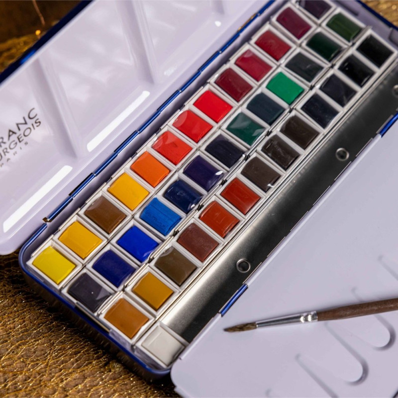 Boîte métal de 40 ½ godet d'aquarelle fine avec un pinceau petit-gris Lefranc Bourgeois