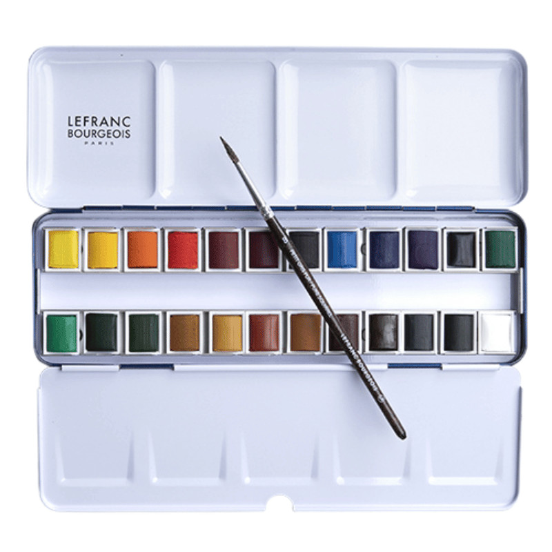 Boîte métal de 24 ½ godet d'aquarelle fine avec un pinceau petit-gris Lefranc Bourgeois