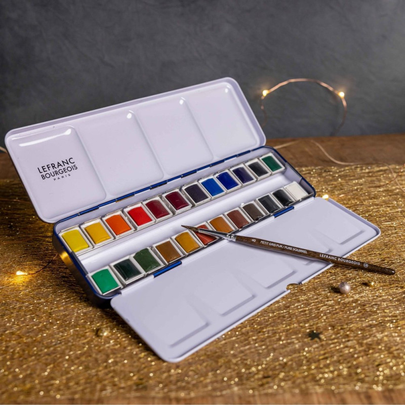 Boîte métal de 24 ½ godet d'aquarelle fine avec un pinceau petit-gris Lefranc Bourgeois