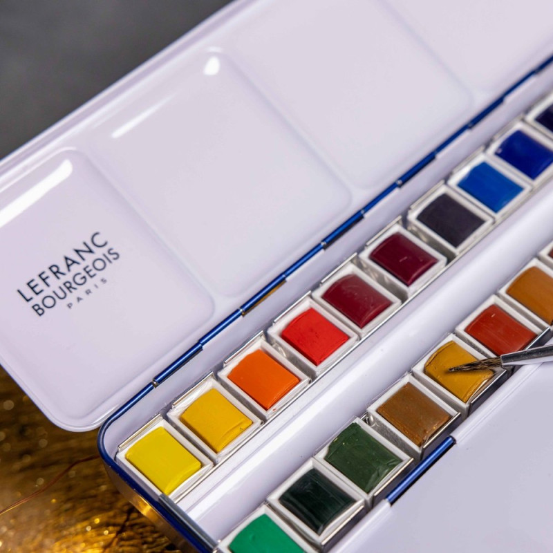 Boîte métal de 24 ½ godet d'aquarelle fine avec un pinceau petit-gris Lefranc Bourgeois