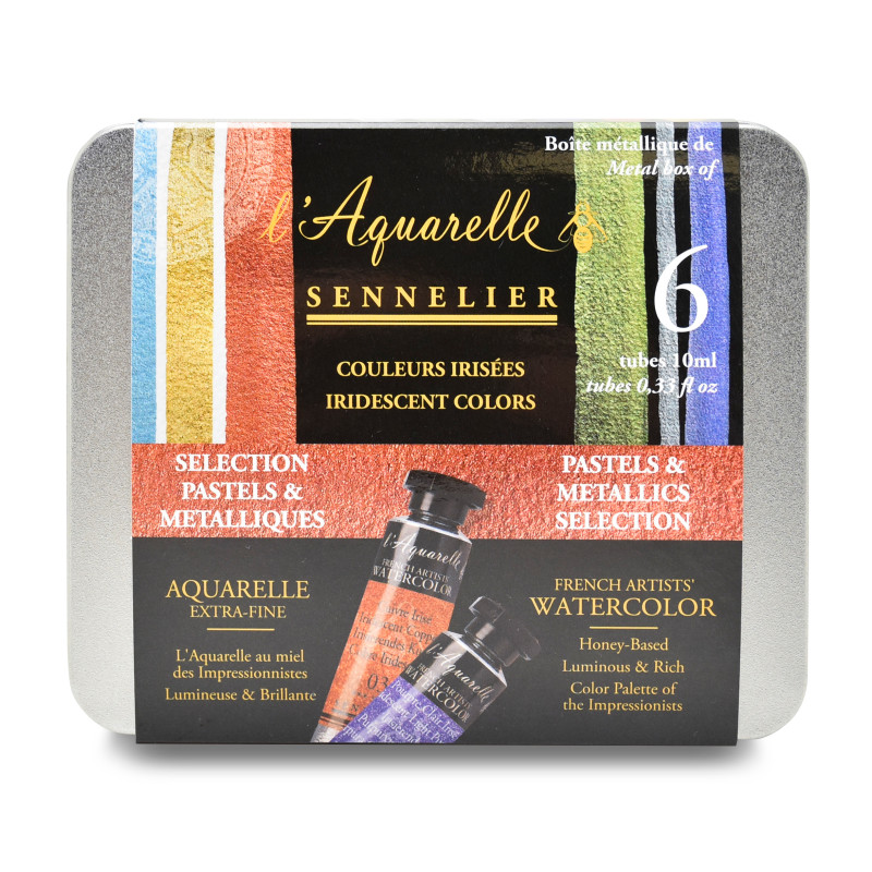 Boîte métal 6 tubes aquarelles irisées sélection pastels & métalliques Sennelier