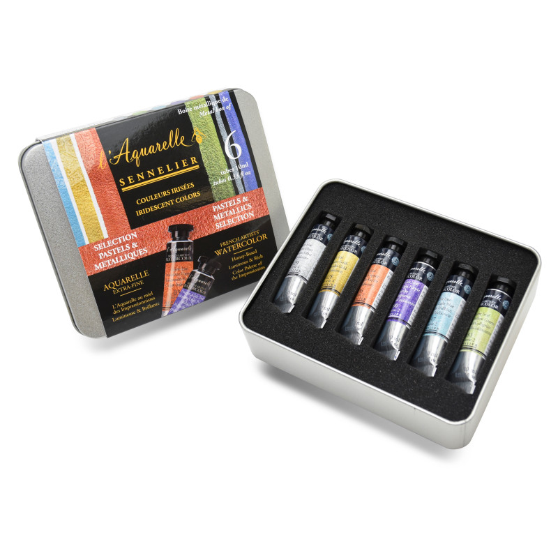 Boîte métal 6 tubes aquarelles irisées sélection pastels & métalliques Sennelier
