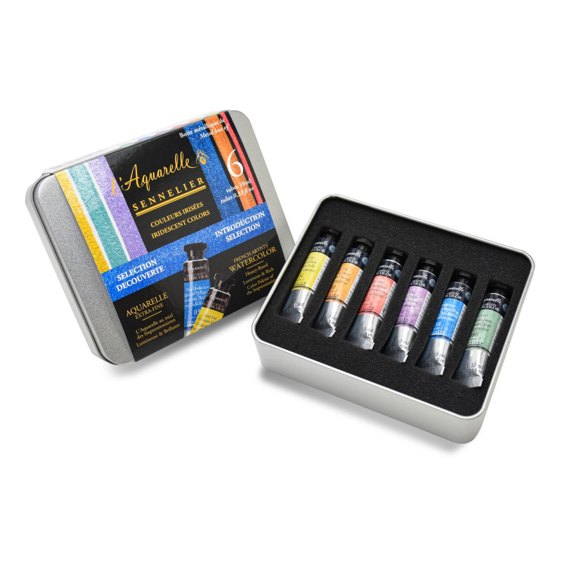 Boîte métal 6 tubes aquarelles irisées sélection découverte Sennelier