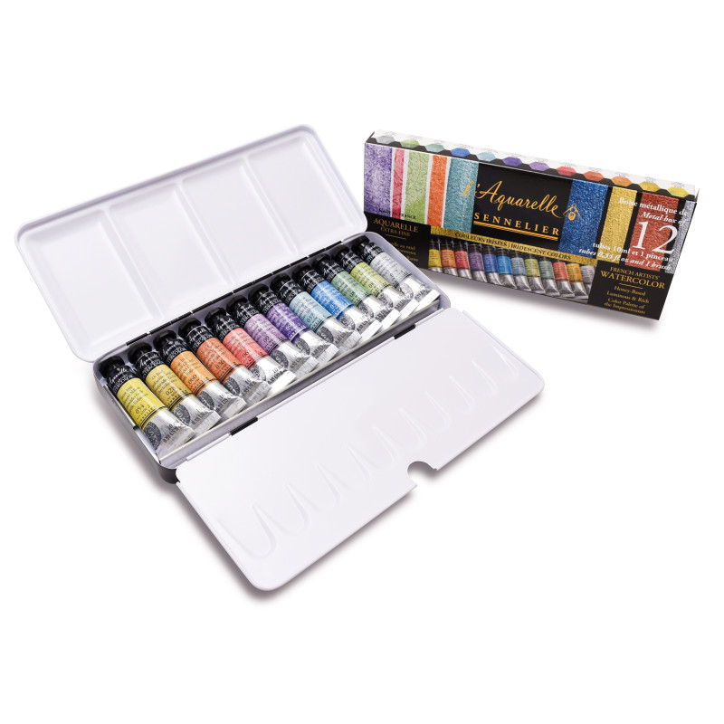 Boîte métal 12 tubes aquarelles irisées + 1 pinceau Sennelier