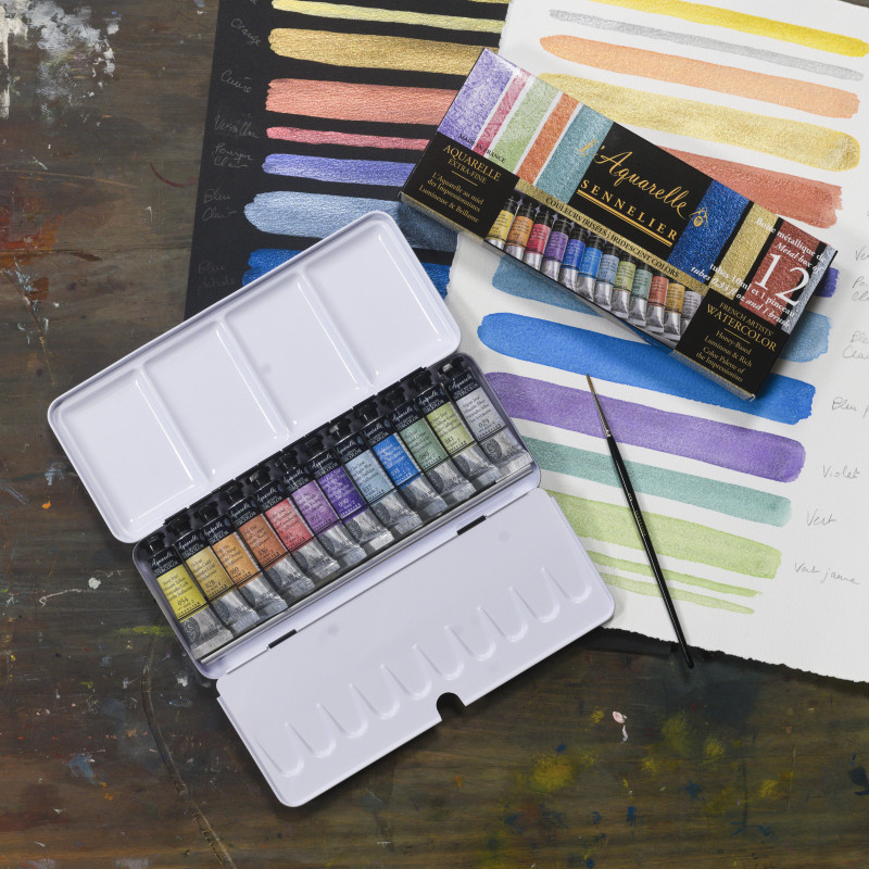 Boîte métal 12 tubes aquarelles irisées + 1 pinceau Sennelier