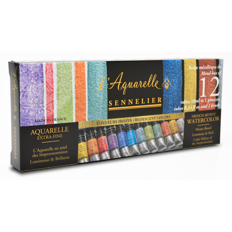 Boîte métal 12 tubes aquarelles irisées + 1 pinceau Sennelier
