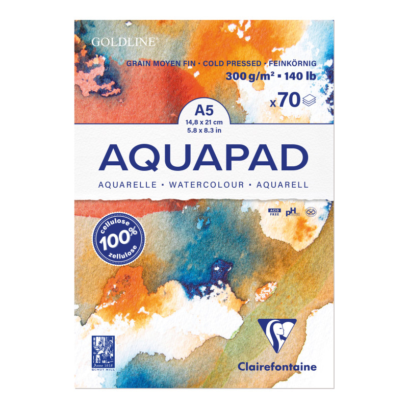Bloc collé 1 côté Aquapad A5 14,8x21 300g 70f grain moyen fin Clairefontaine