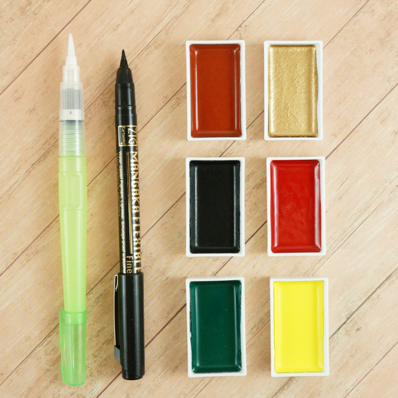 Coffret 1 Irodori Kobako 6 godets japonais aquarelle Gansai Tambi + 1 pinceau + 1 feutre Kuretake