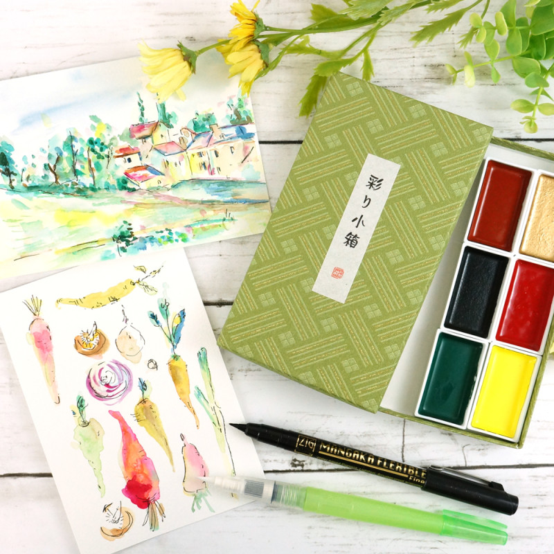 Coffret 1 Irodori Kobako 6 godets japonais aquarelle Gansai Tambi + 1 pinceau + 1 feutre Kuretake