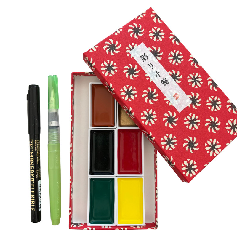 Coffret 1 Irodori Kobako 6 godets japonais aquarelle Gansai Tambi + 1 pinceau + 1 feutre Kuretake