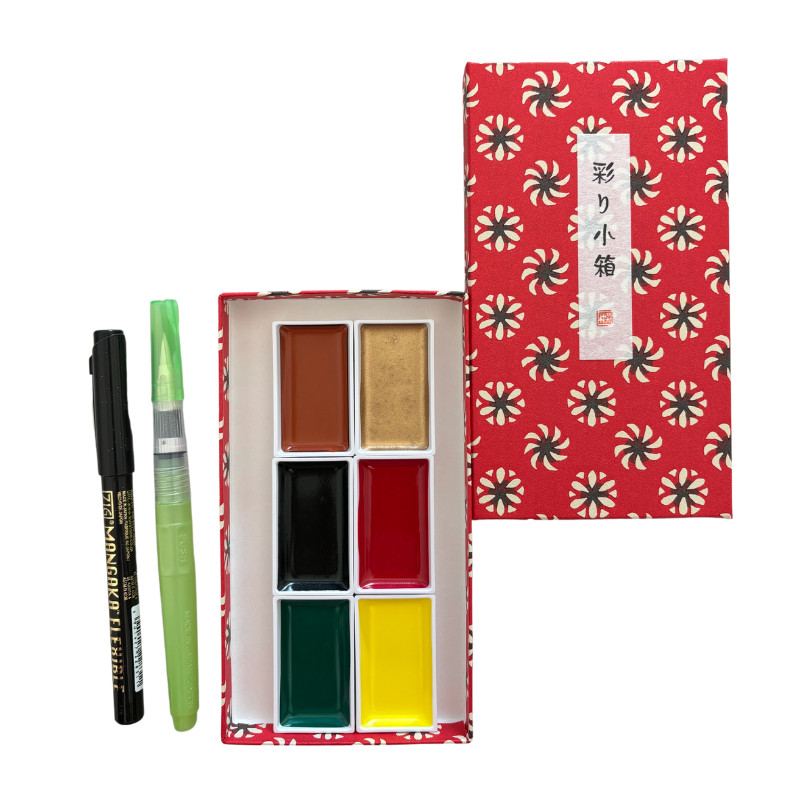 Coffret 1 Irodori Kobako 6 godets japonais aquarelle Gansai Tambi + 1 pinceau + 1 feutre Kuretake