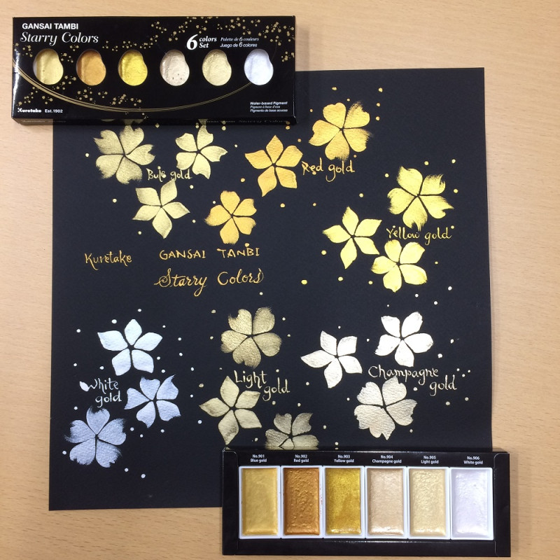 Coffret Teintes dorées 6 godets japonais aquarelle Gansai Tambi Kuretake