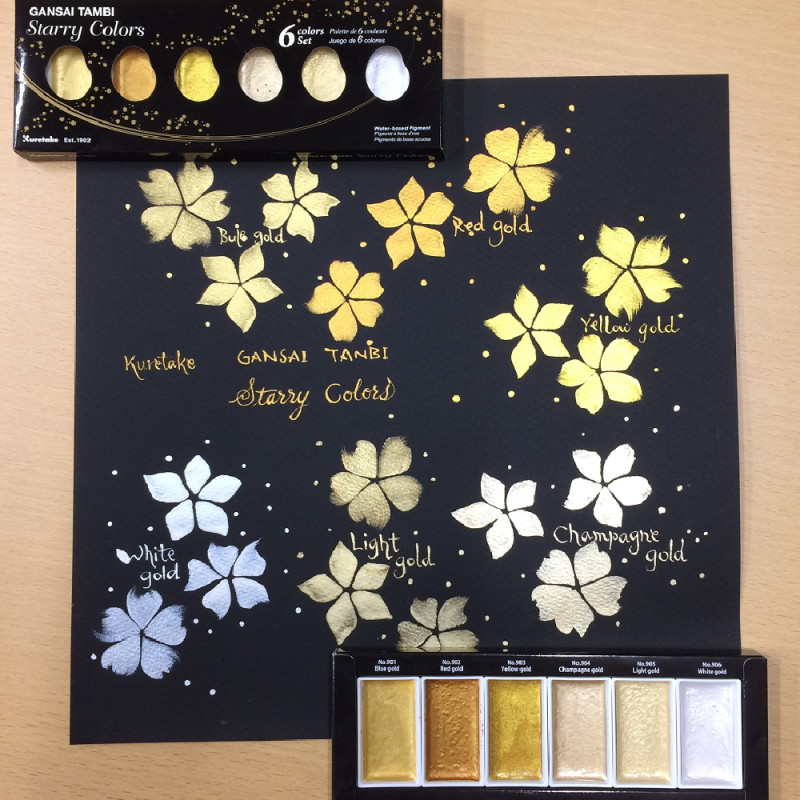 Coffret Teintes dorées 6 godets japonais aquarelle Gansai Tambi Kuretake