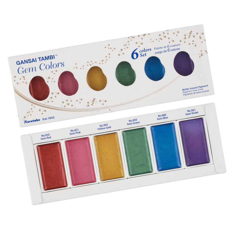 Coffret Gem teintes métalliques 6 godets japonais aquarelle Gansai Tambi Kuretake