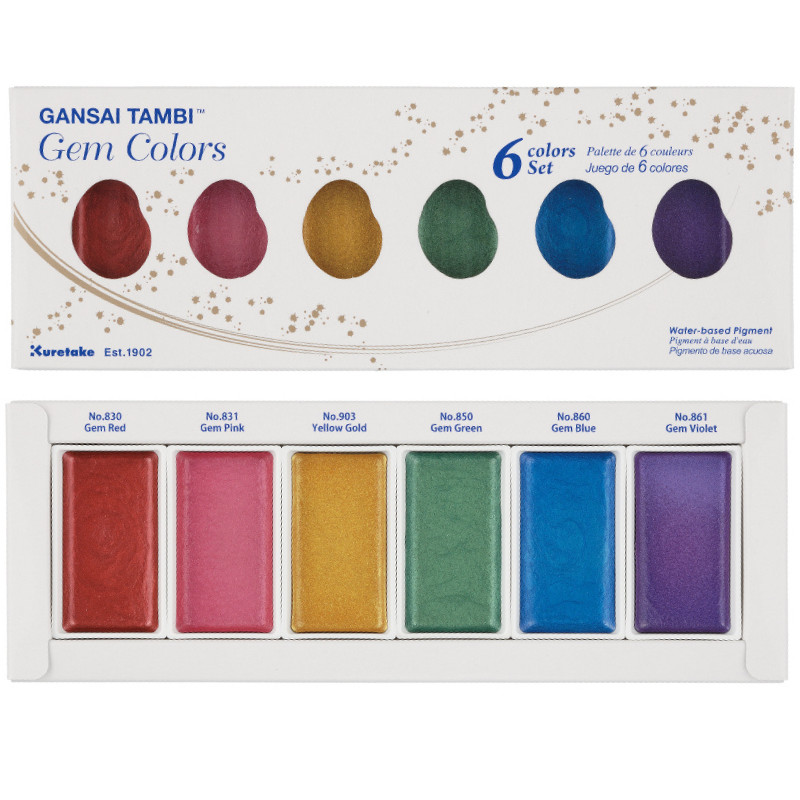Coffret Gem teintes métalliques 6 godets japonais aquarelle Gansai Tambi Kuretake