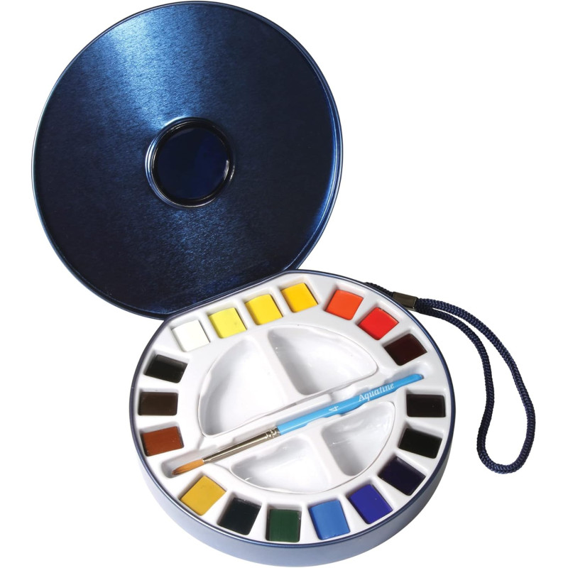 Boîtede voyage métal Daler-Rowney Aquafine 181/2 godets et pinceau