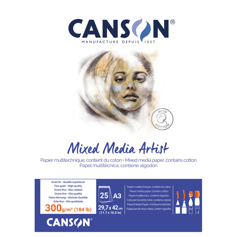 Bloc mixed media Artist Canson A3 29.7X42 300g 25f grain fin