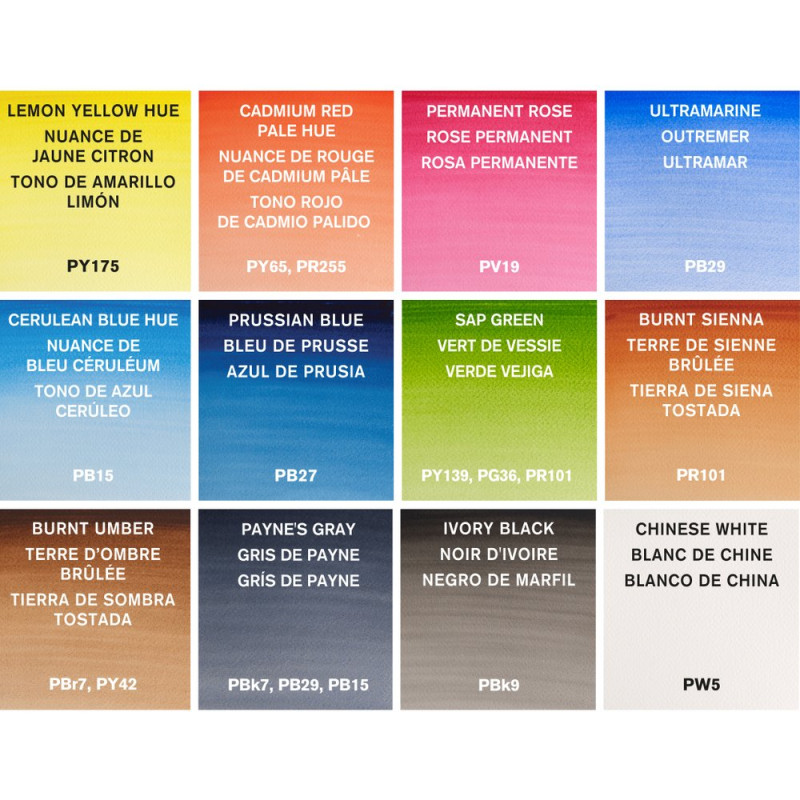Boîte 12 tubes 8ml aquarelle pinceau en plastique Cotman W&N