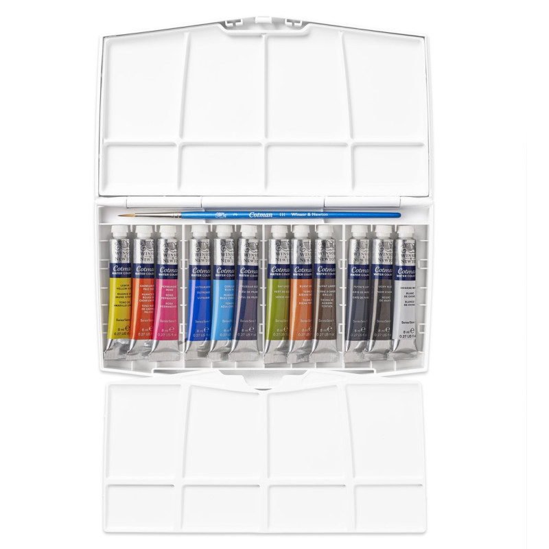 Boîte 12 tubes 8ml aquarelle pinceau en plastique Cotman W&N