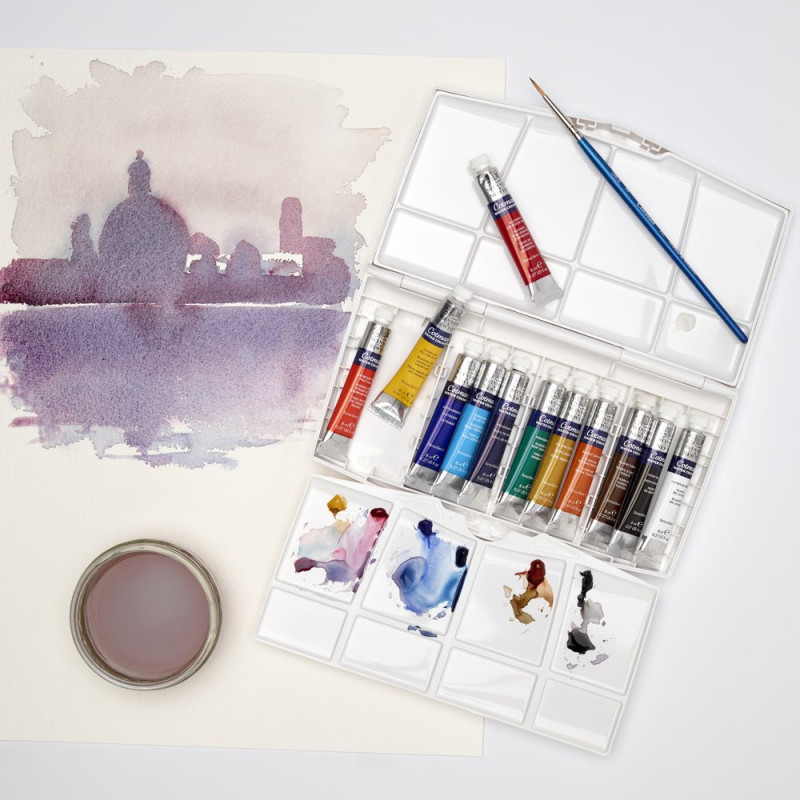 Boîte 12 tubes 8ml aquarelle pinceau en plastique Cotman W&N